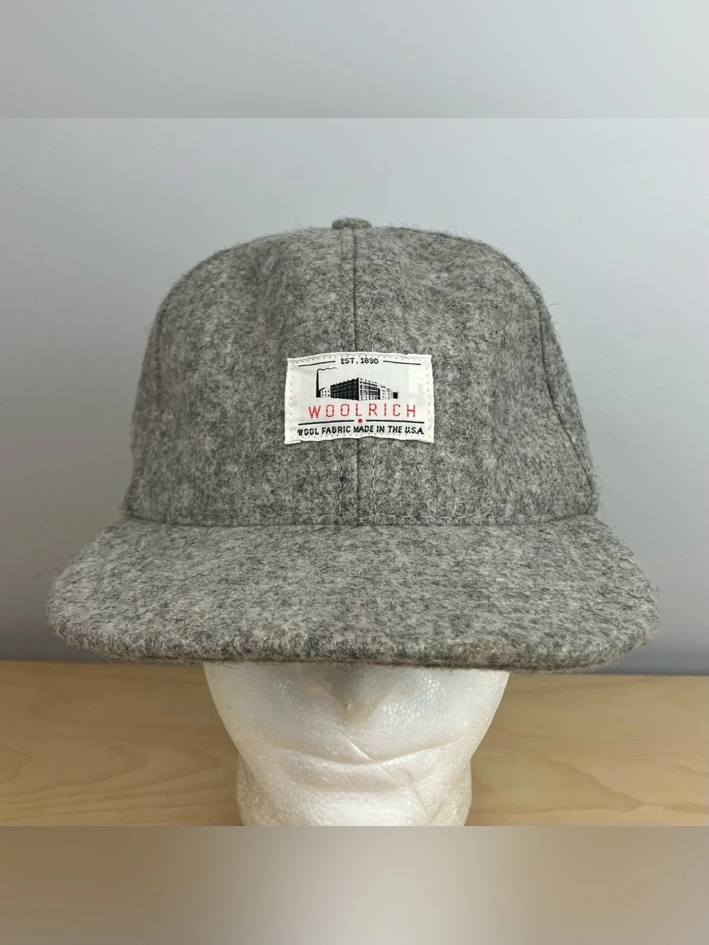 Vintage Woolrich Wool Blend Strapback Hat Gray Patch Logo Made in USA. In good c